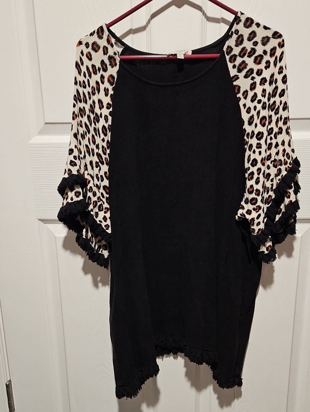Black Top with Leopard Print Sleeves - Women's Casual Top